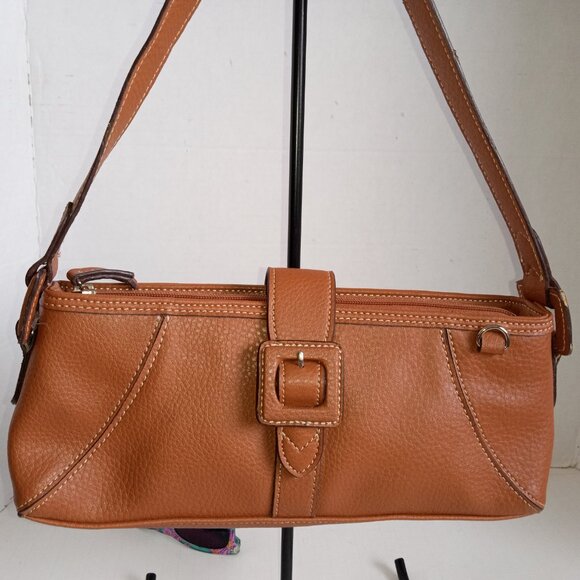 Vintage '90s LIZ CLAIBORNE Tan Leather Baguette Flap Closure w Buckle - Picture 3 of 11